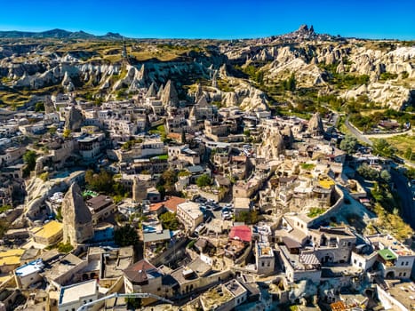 Aerial view of Goreme in Nevsehir Province in Cappadocia, Turkey.