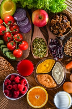 A variety of food products representing balanced diet