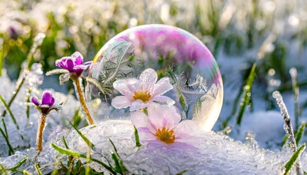 Flowers preserved for a short time, which have been surprised by winter. A soap bubble has settled over a flower and is frozen.