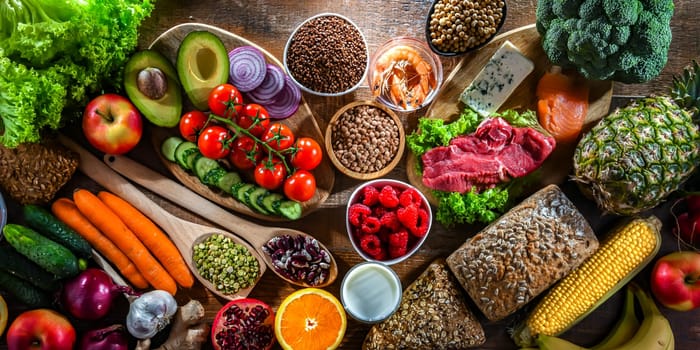 A variety of food products representing balanced diet