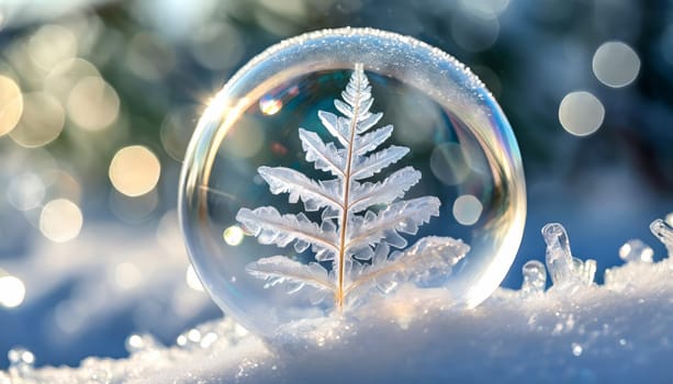 Winter scene with frozen fern leaf in a soap bubble.