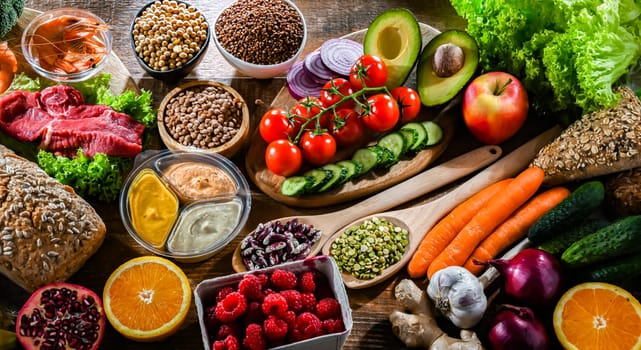 A variety of food products representing balanced diet