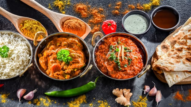 Hot madras paneer and vegetable masala with basmati rice served in original indian karahi pots.