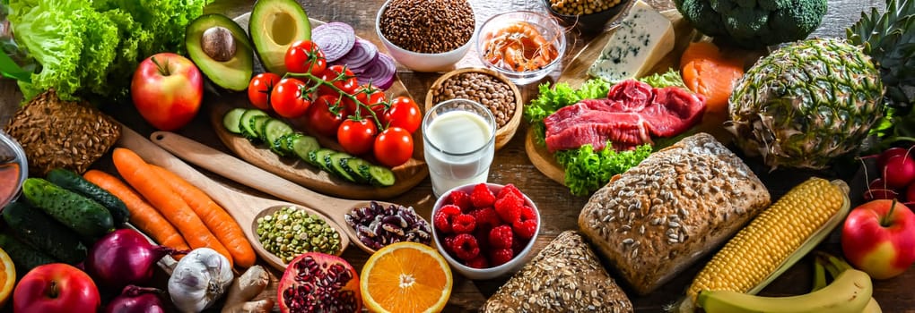 A variety of food products representing balanced diet