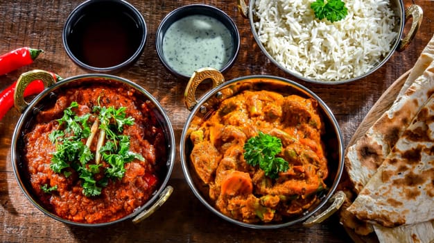 Hot madras paneer and vegetable masala with basmati rice served in original indian karahi pots.