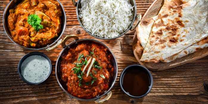 Hot madras paneer and vegetable masala with basmati rice served in original indian karahi pots.