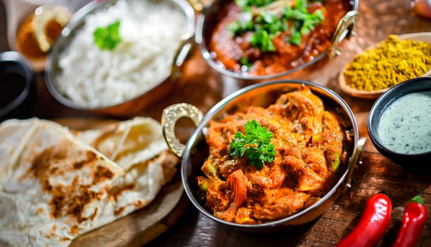 Hot madras paneer and vegetable masala with basmati rice served in original indian karahi pots.