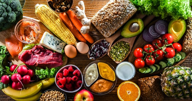 A variety of food products representing balanced diet