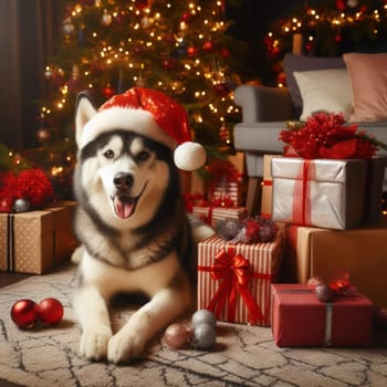 husky dog wearing santa hat amongst the gifts at christmas time generative ai
