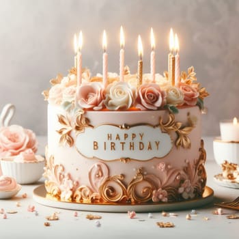 beautiful delicious and luxurious happy birthday cake with candles