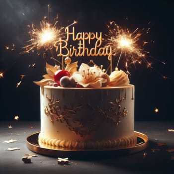 beautiful delicious and luxurious happy birthday cake with sparkler candles