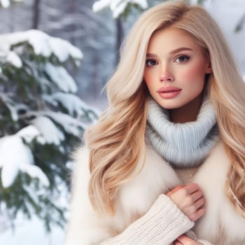 Portrait of a beautiful blonde woman wearing warm winter clothes in the snow Generative AI