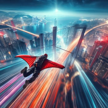 wingsuit skydiving and flying into a large city concept illustration generative ai
