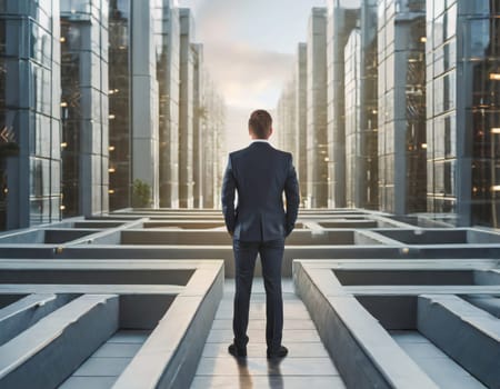 business person stops and thinks about strategy before a complicated maze concept generative ai