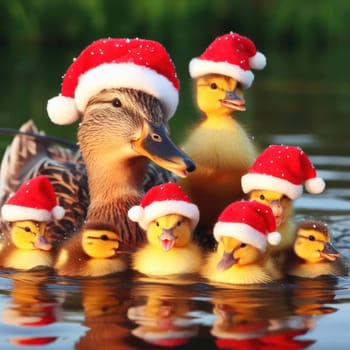 Duck and ducklings in a pond wearing Christmas Hats generative ai