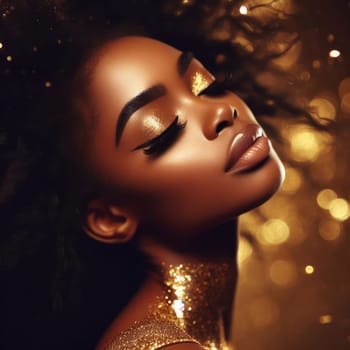 Fashion concept of a stunning and beautiful black woman in blissful striking gold glitter shimmer with dynamic composition and dramatic lighting generative ai