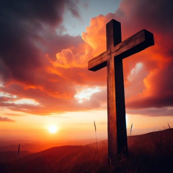 christian cross standing strong and proud before a beautiful sunset or sunrise landscape generative ai