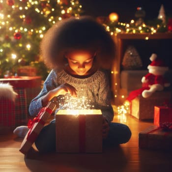 young child opening a wondrous glowing gift on christmas morning generative ai