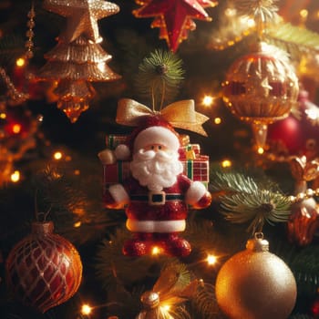 closeup of beautiful tree with lights and ornaments generative ai