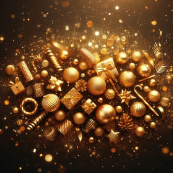 gold christmas ornaments in golden glitter background generative ai