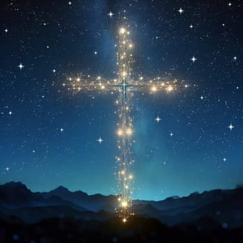 glowing stars forming the christian cross of christ at night illustration generative ai