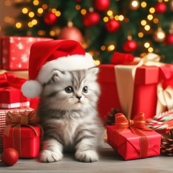 cute kitten wearing santa hat in the gifts and presents at christmas generative ai