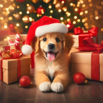 very cute little puppy wearing a santa hat amongst the presents at christmas generative ai
