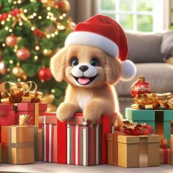 cute 3d art puppy with santa hat and gifts on christmas morning generative ai