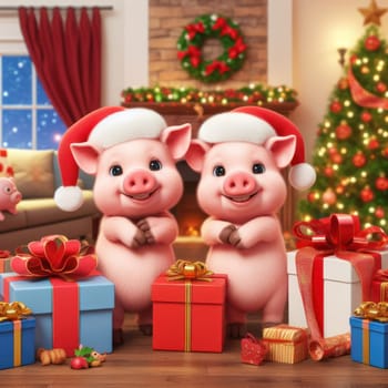 cute little pigs wearing santa hats with christmas presents and gifts generative ai