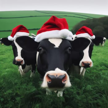 comical image of cows in the field wearing santa hat generative ai