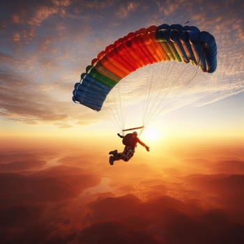 skydiving and parachuting over a beautiful landscape at sunrise generative ai
