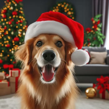 golden retriever dog wearing santa hat amongst the gifts at christmas time generative ai