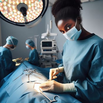female doctor in scrubs and mask performing surgery in the theatre generative ai