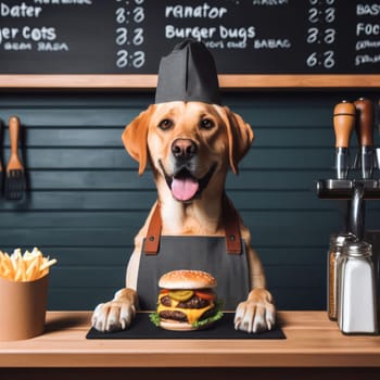 dog server in fast food restaurant gives you your burger order generative ai