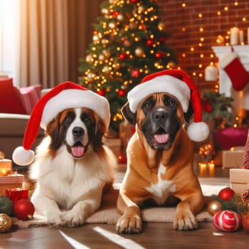 two happy dogs wearing santa hat amongst the gifts at christmas time
