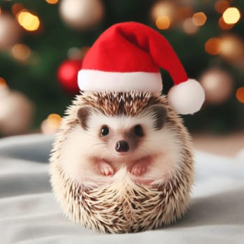 a cute little hedgehog wearing a santa hat at christmas time generative ai
