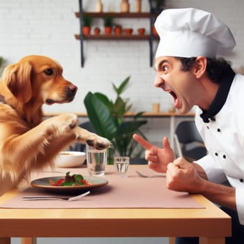 dog customer refusing food in reaturant and discussing with chef generative ai