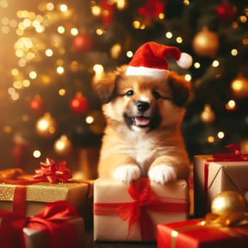 very cute little puppy wearing a santa hat amongst the presents at christmas generative ai