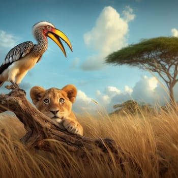 cute lion cub stalking and hunting a bird in the african savannah generative ai