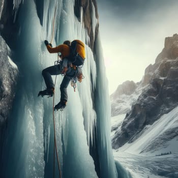 ice climber scaling an icy mountain to reach the peak and success generative ai