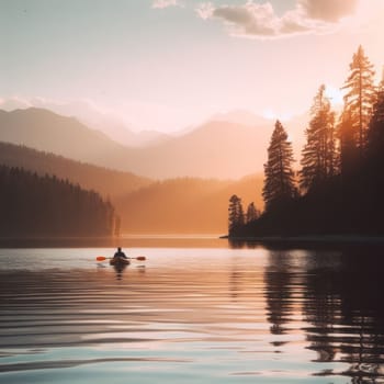 person enjoying the peace while kayaking or canoeing on still water lake generative ai