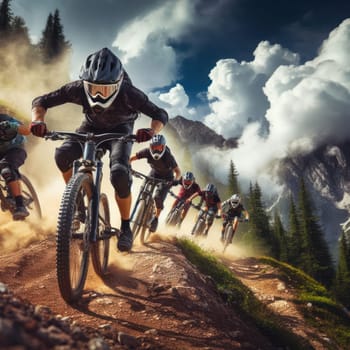 riders competing in rough downhill mountain bike racing generative ai