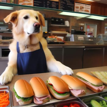 dog working hard behind the counter in a sandwich bar generative ai