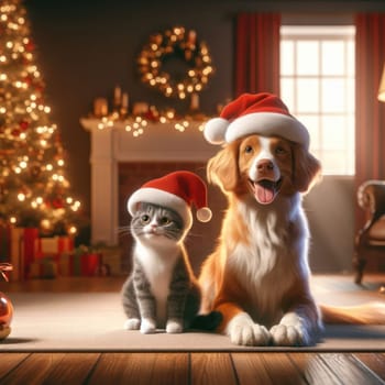 dog and a cat sitting together with santa hats at christmas generative ai