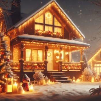 classic snow covered house at christmas with lights and decorations generative ai