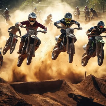 motocross dirt bike racers jumping and getting in the air on the track generative ai