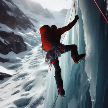 ice climber scaling an icy mountain to reach the peak and success generative ai