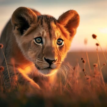 cute lion cub prowling and stalking in the african savannah generative ai