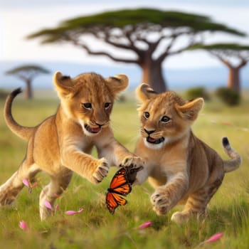 two young lion cubs playing and learning to hunt together generative ai
