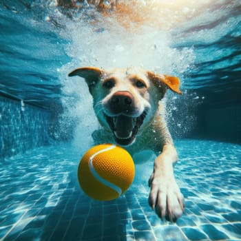 dog playing and fetching the ball from under the water in the pool generative ai